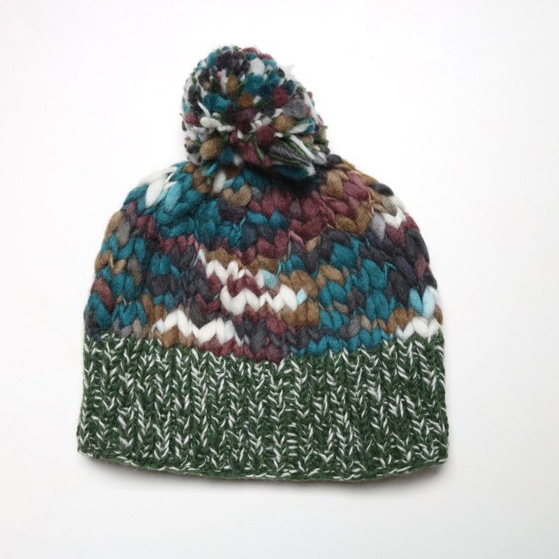 Large fur ball green edge blue thick thread gradient pure wool thread hand-woven semi-lined windproof fur hat | Exchange gifts - Hats & Caps - Wool Green