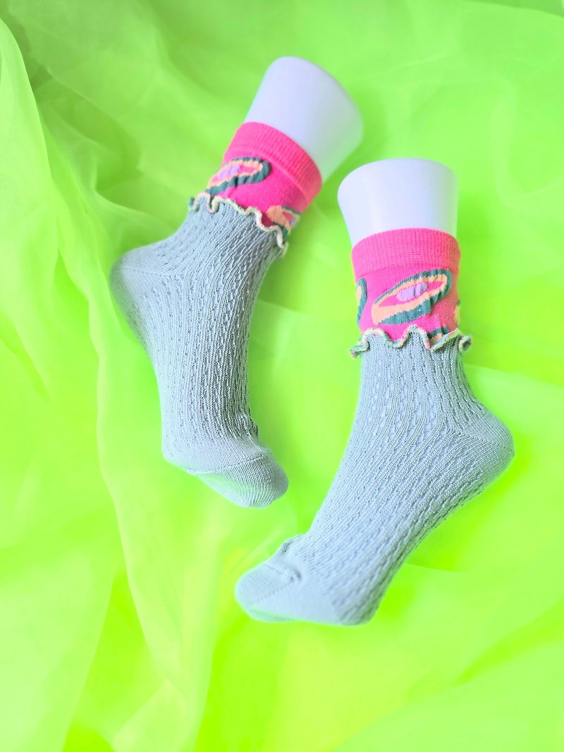 Pink x Gray Colorful Mellow Socks Flashy Socks Unique Size 22.5-25 Women's Socks - Socks - Other Materials Pink