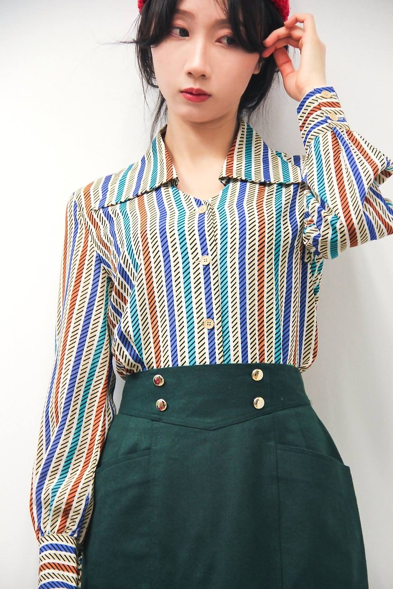 Vintage | 70s tricolor ruled generous collar shirt - เสื้อเชิ้ตผู้หญิง - วัสดุอื่นๆ สีเขียว
