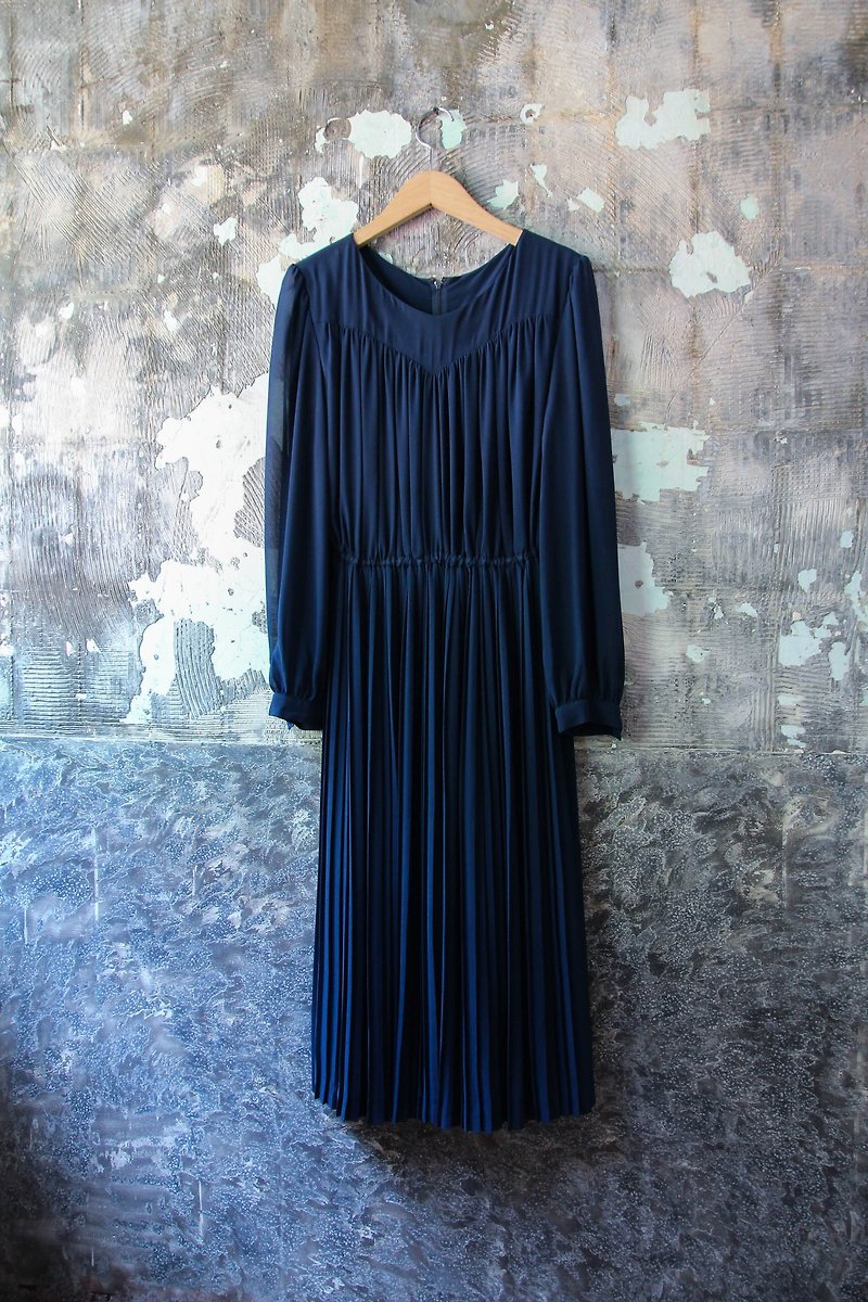 Vintage 深藍簡約細摺長袖洋裝   - 洋裝/連身裙 - 聚酯纖維 