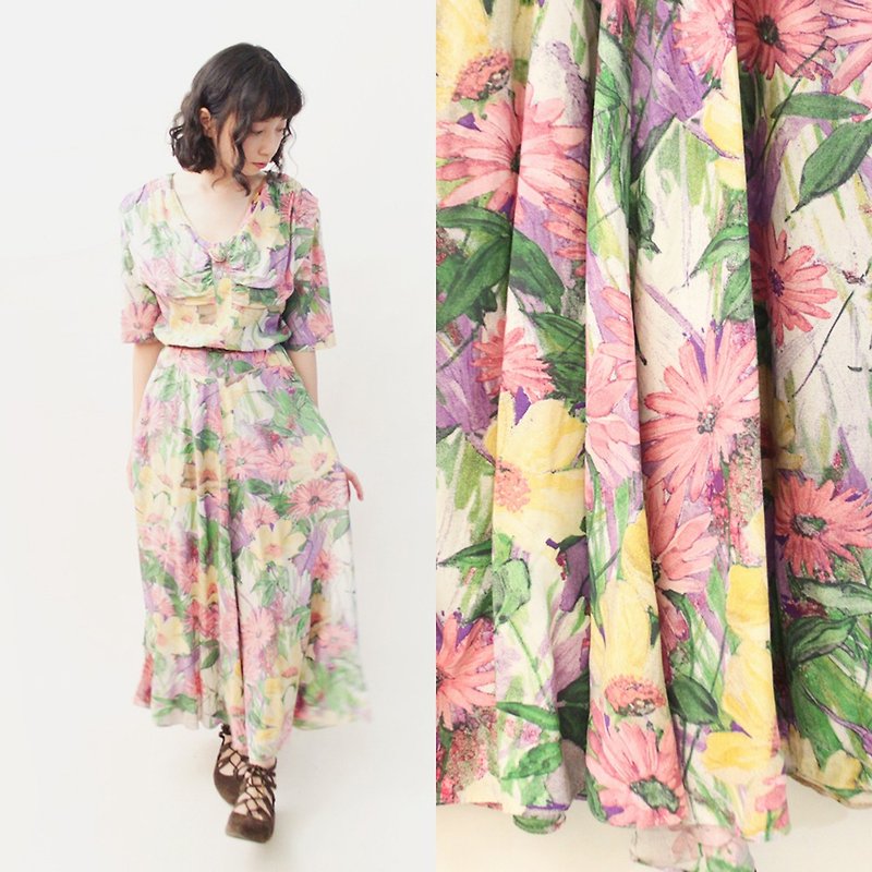 Retro Summer American Sweet Flower Print Powder Green Short Sleeve Vintage Dress - One Piece Dresses - Polyester Pink
