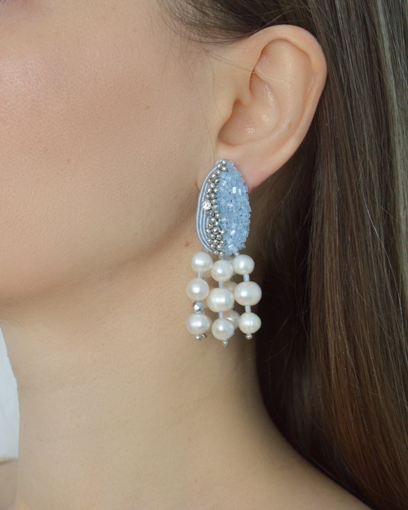 Earrings Livadia with pearls - 耳環/耳夾/耳骨夾 - 其他材質 藍色