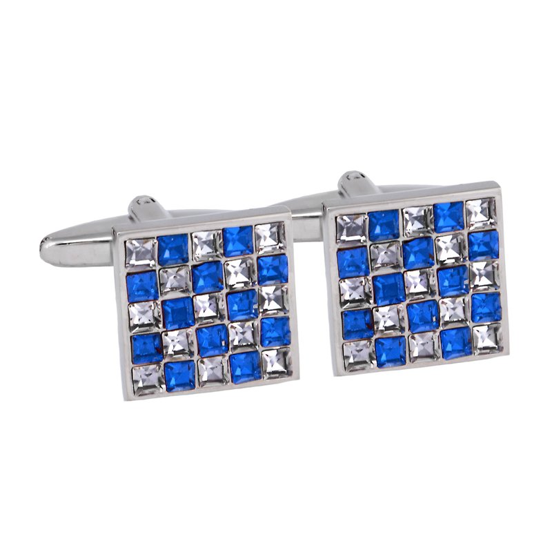 Checkered Pattern Cufflinks with Blue and Grey Crystal