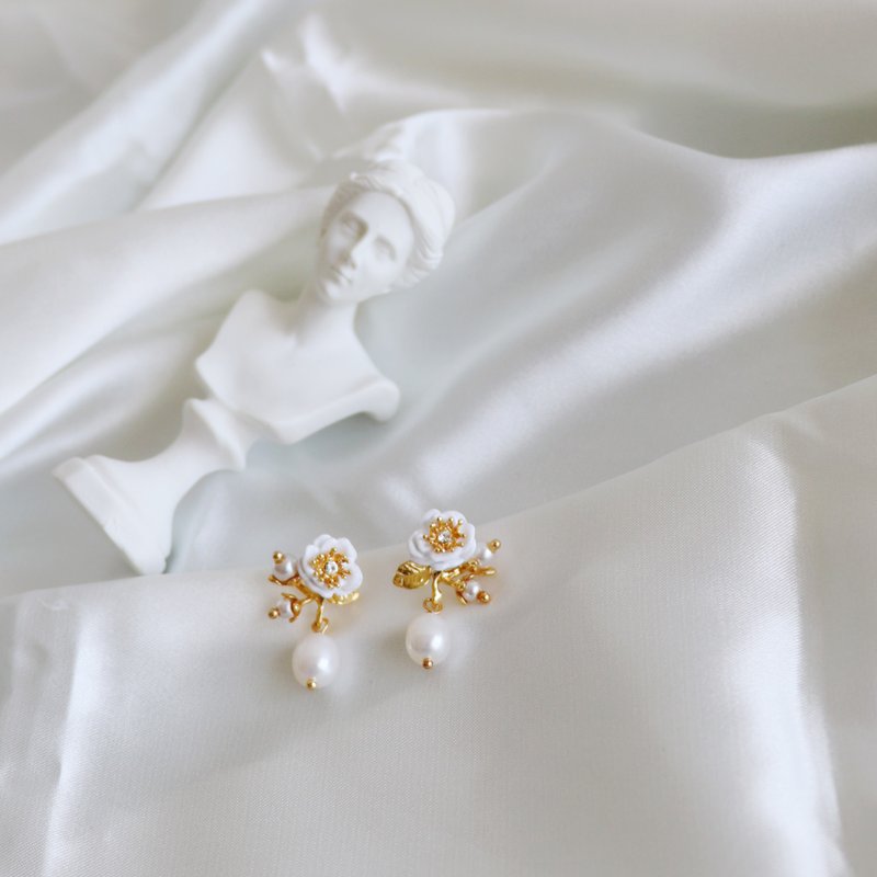 Elegant French White Rose Pearl Earrings - Earrings & Clip-ons - Other Materials Gold