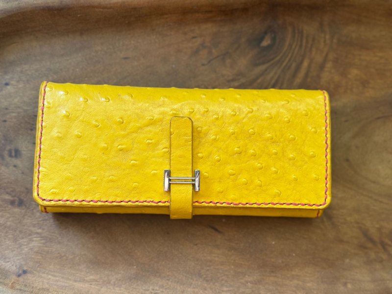 時尚黃鴕鳥紋 純牛皮雙層長皮夾 - 錢包/皮夾/長短夾 - 真皮 黃色