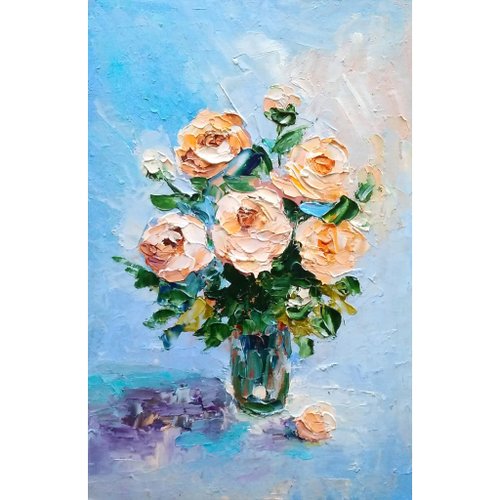花束バラのオリジナル油絵、花のアートワーク、ミニチュアの花の