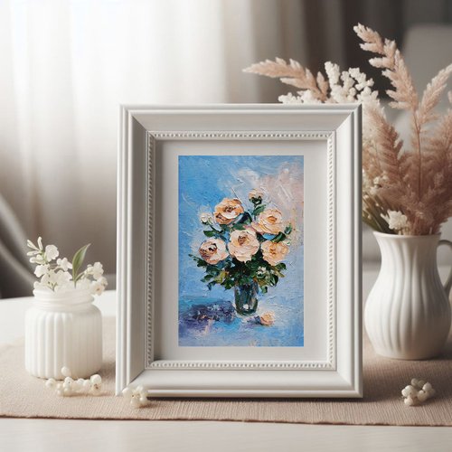 花束バラのオリジナル油絵、花のアートワーク、ミニチュアの花の