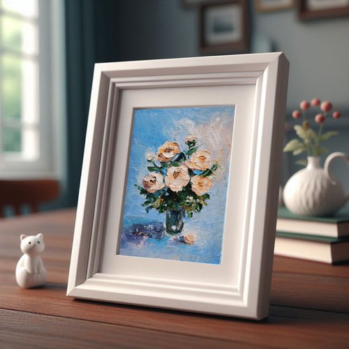 油彩画 バラの花束 ピンクと黄色のバラの花の花束花瓶油絵厚塗りオリジナル