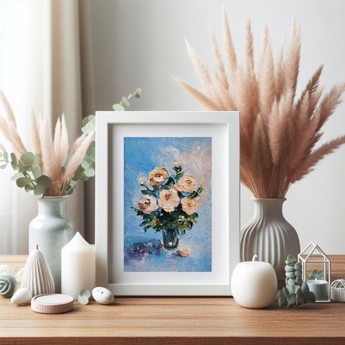 花束バラのオリジナル油絵、花のアートワーク、ミニチュアの花の