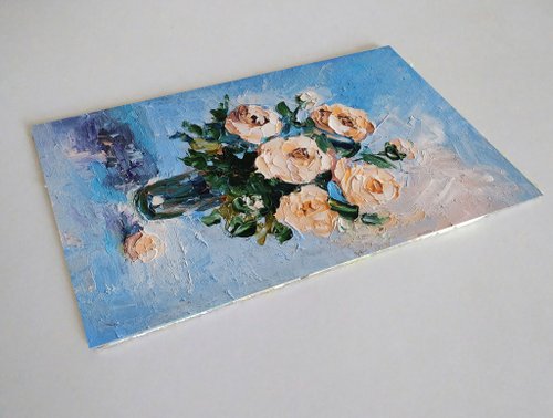 油彩画 バラの花束 ピンクと黄色のバラの花の花束花瓶油絵厚塗りオリジナル