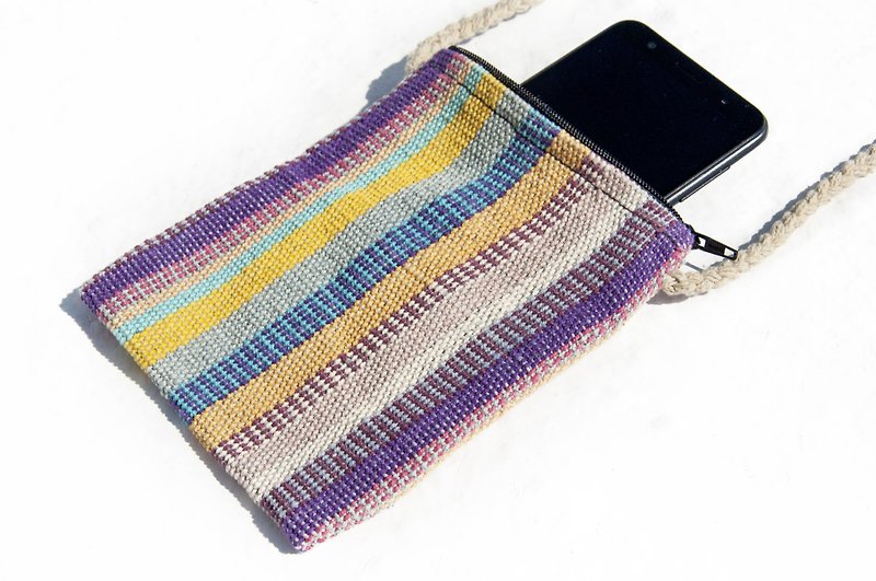 Hand-woven fabric mobile phone case storage bag ticket holder leisure card case side backpack-South America stripe color - Phone Cases - Cotton & Hemp Multicolor