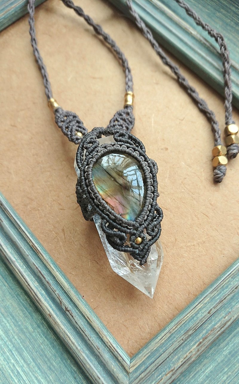 P70-South American wax line woven labradorite white crystal column necklace - Necklaces - Other Materials Gray