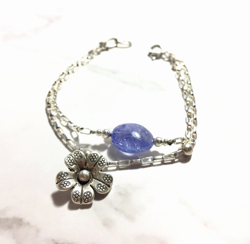 Ops Pearl silver bracelet-丹泉石/珍珠/銀/限定/雙鍊/手作/禮物 - 手鍊/手環 - 其他金屬 藍色