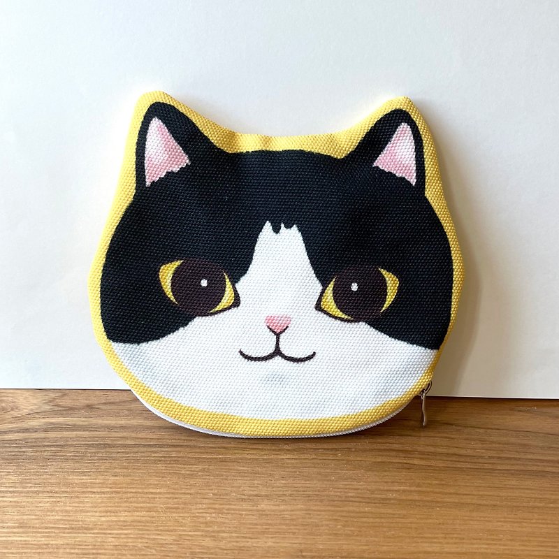Meow cat Black and white head shape small bag pouch - กระเป๋าเครื่องสำอาง - วัสดุอื่นๆ สีเหลือง