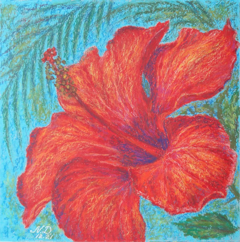 芙蓉繪畫原創藝術夏威夷花卉藝術品原創油畫棒 - 海報/掛畫/掛布 - 紙 紅色