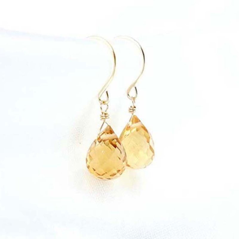 K18 Citrine Drop Earrings or Clip-On Natural Stone Beautiful Yellow Sun Stone - ต่างหู - โลหะ สีเหลือง