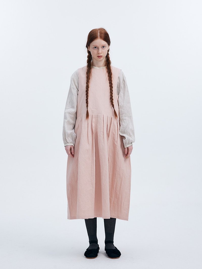 Baby pink front and back sand-washed Linen and linen all-match dress - ชุดเดรส - ผ้าฝ้าย/ผ้าลินิน สึชมพู