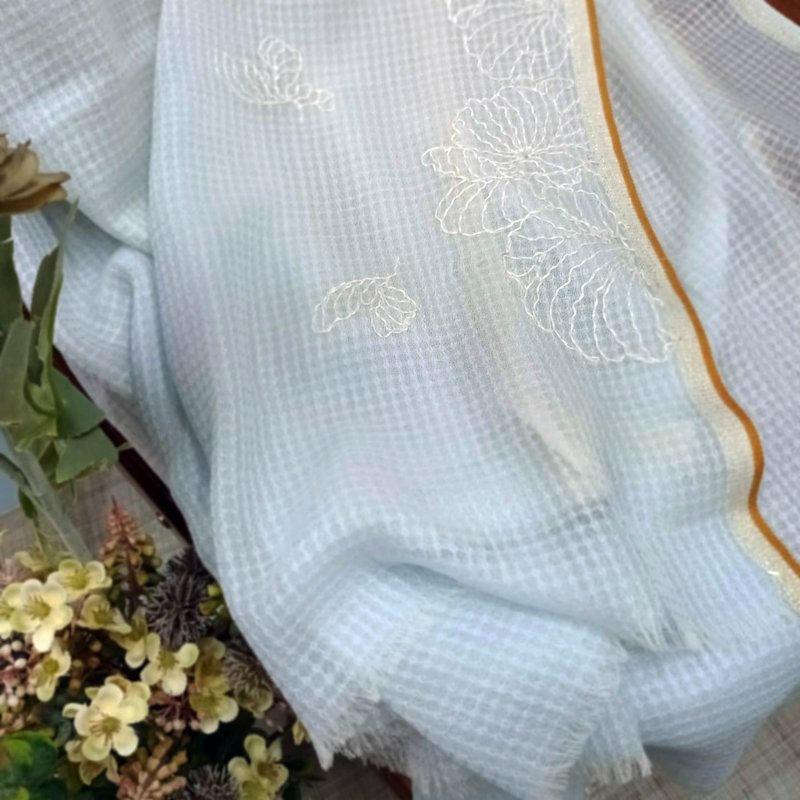 Hand embroidery lambswool scarf, free hand embroidery of English name - Knit Scarves & Wraps - Wool Blue