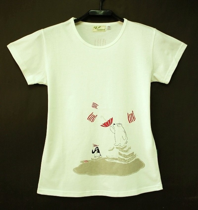 [Clear product] Organic cotton short sleeve [Meet, White Bear] Female version - Women's T-Shirts - Cotton & Hemp White