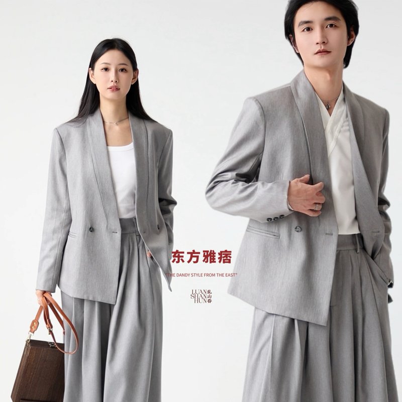 Luanshanhun new Chinese style original cross collar double button shiny gray commuting spring and autumn leisure Chinese suit formal jacket - เสื้อโค้ทผู้ชาย - วัสดุอื่นๆ 