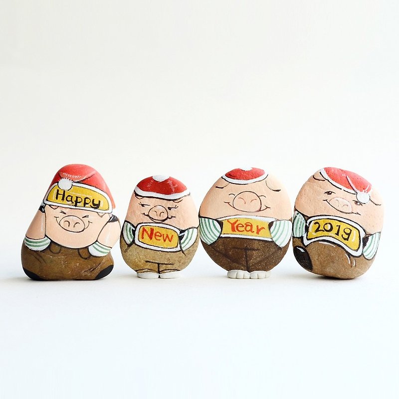 Happy new year the pigs gang  stone painting original art. - Stuffed Dolls & Figurines - Stone Pink