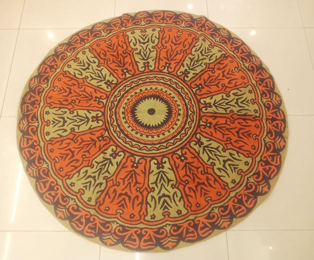 インド カシミール手刺繍ウール ラウンド ラグ 152x152 - 火山
