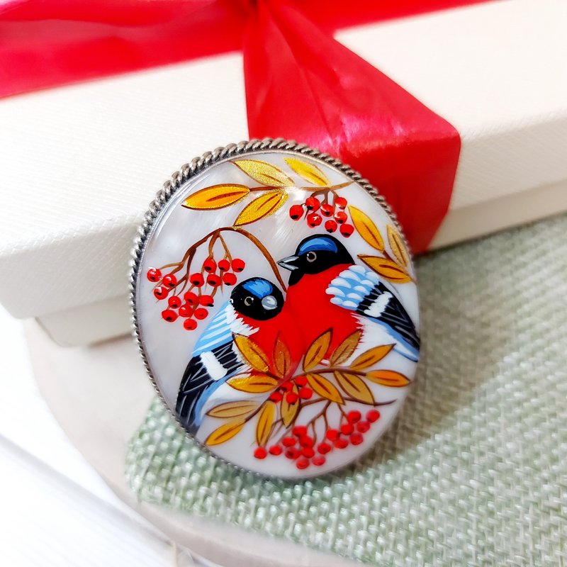 Handmade brooch: Red bird couple of Bullfinches painted on mother of pearl - Brooches - Shell Red