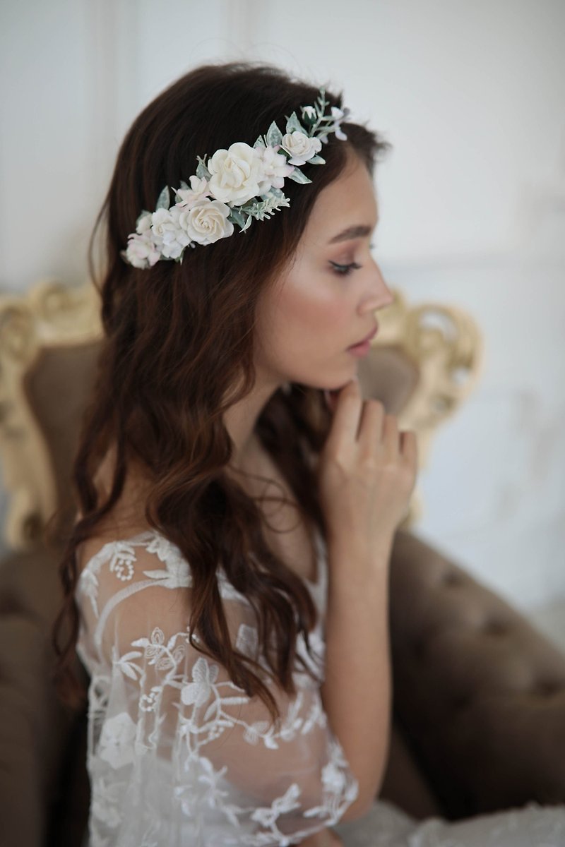 White flower crown, Wedding Flower Crown, Side Flower crown, Bohemian crown - 髮飾 - 紙 白色