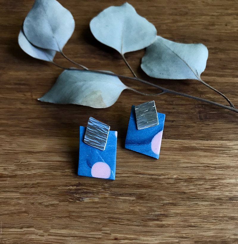 Blue Geometric Porcelain Earrings - ต่างหู - เงินแท้ 