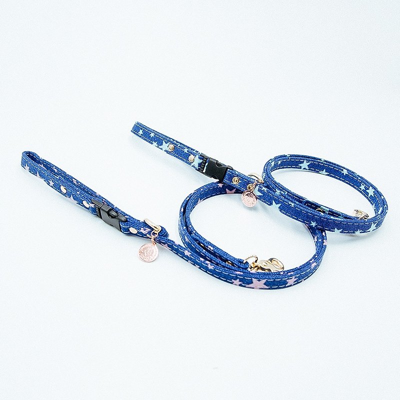 【Momoji】 寵物牽繩 - Starry Night - 貓狗頸圈/牽繩 - 棉．麻 藍色