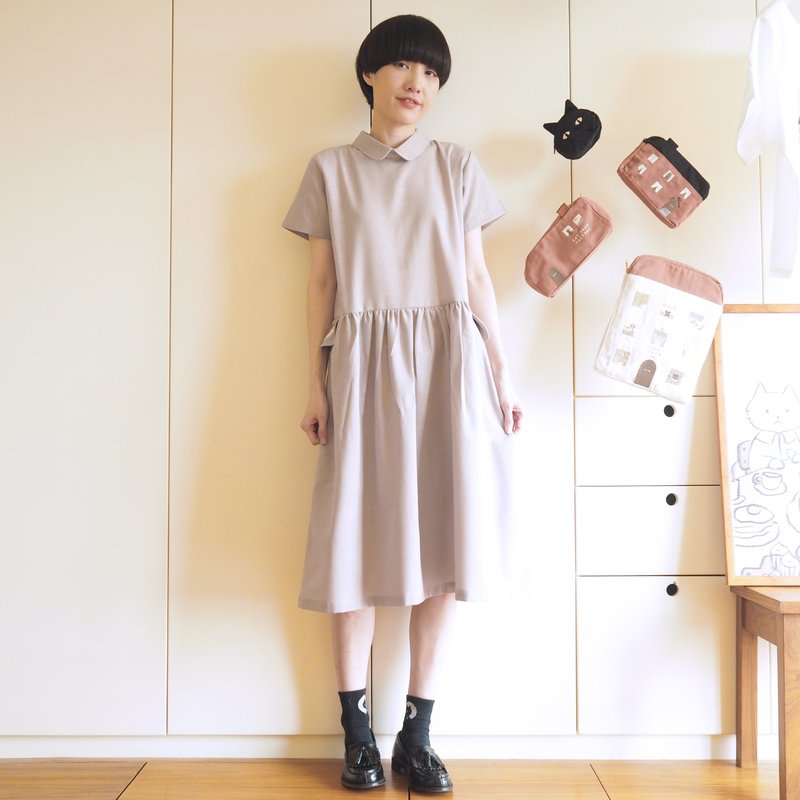 cat on carpet cotton linen gathered dress : pastel gray - 洋裝/連身裙 - 棉．麻 灰色