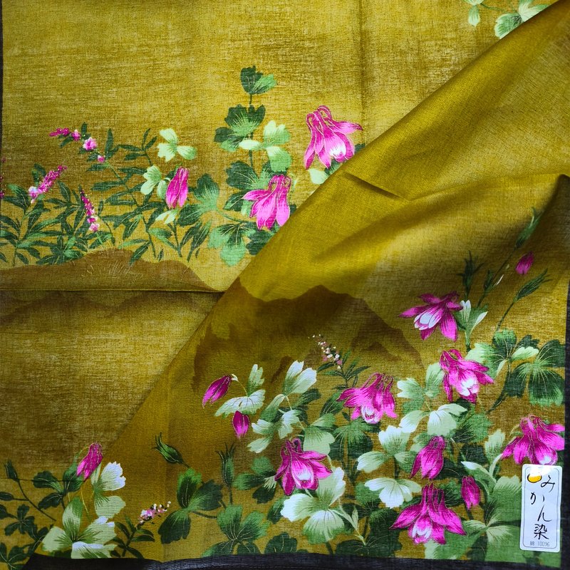 Vintage Japanese Handkerchief – Columbine with Mountain Scenery 21 x 21 inches - 手帕 - 棉．麻 橘色