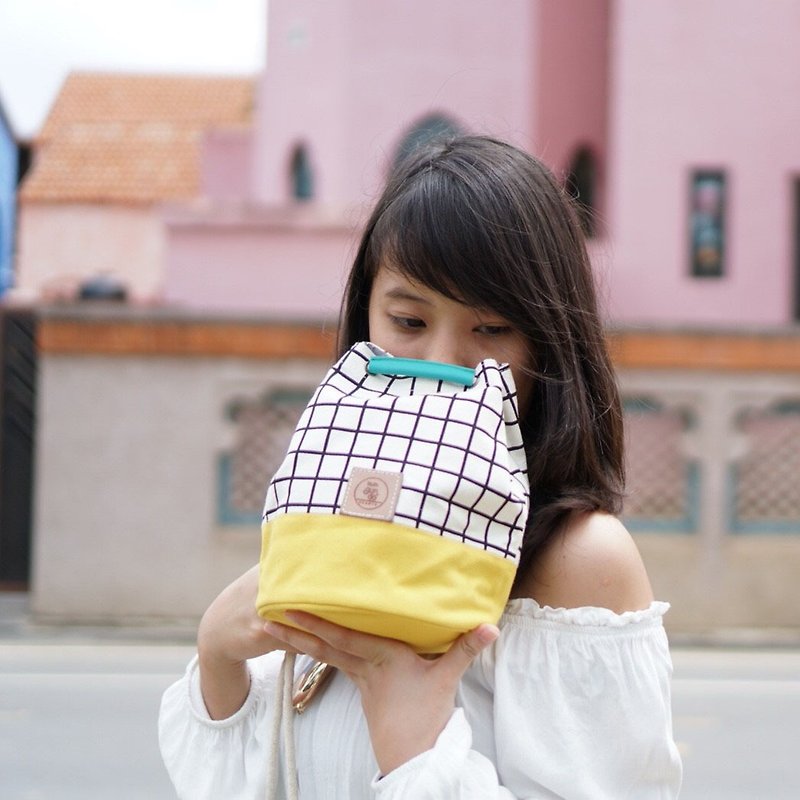 Mini Bucket Bag canvas fabric small size yellow colour and grid pattern - Messenger Bags & Sling Bags - Other Materials Yellow