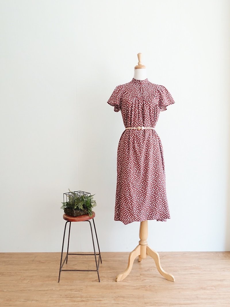 Vintage / Short Sleeve Dress no.98 tk - ชุดเดรส - เส้นใยสังเคราะห์ สีนำ้ตาล