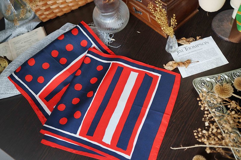 Japanese groceries-French style red, blue and white polka dot water jade print rectangular silk scarf - ผ้าพันคอ - เส้นใยสังเคราะห์ สีแดง