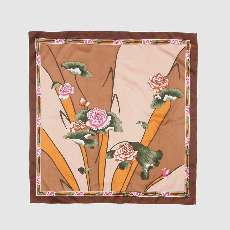 [Egg plant ancient] Oriental flower road printing vintage square scarf - ผ้าพันคอ - ไนลอน 