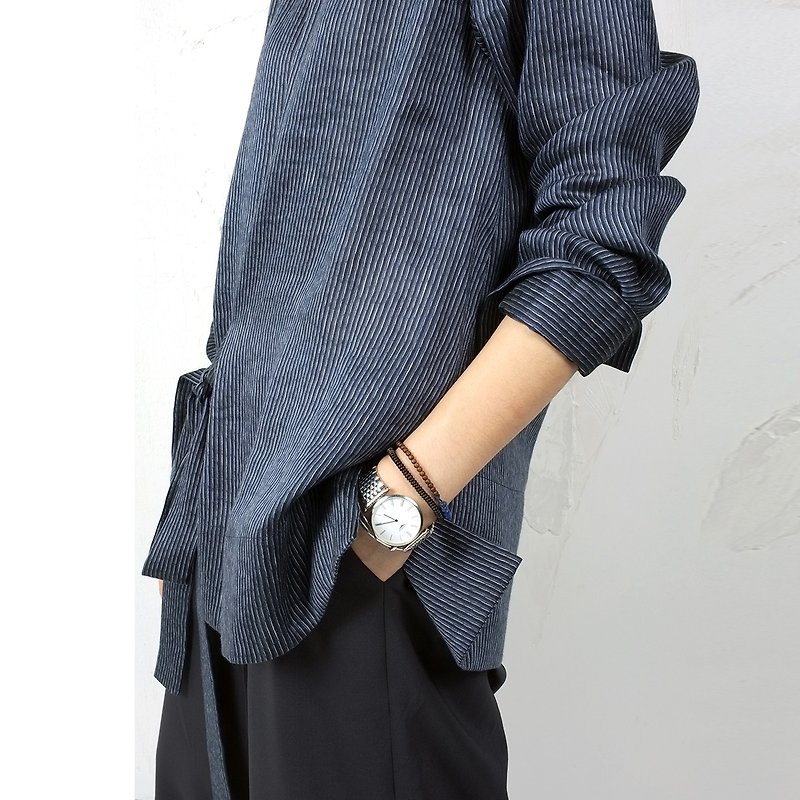 杲果/GAOGUO原創設計師女裝品牌 新款極簡藍條紋麻質綁帶襯衫上衣 - 恤衫 - 棉．麻 藍色