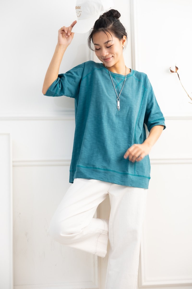 Plain round neck pure cotton short-sleeved top green - Women's T-Shirts - Cotton & Hemp Green