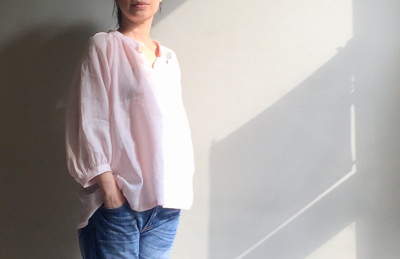 /Spring breath/Airy small stand-up collar meticulous linen puff sleeve top - Women's Tops - Cotton & Hemp Pink