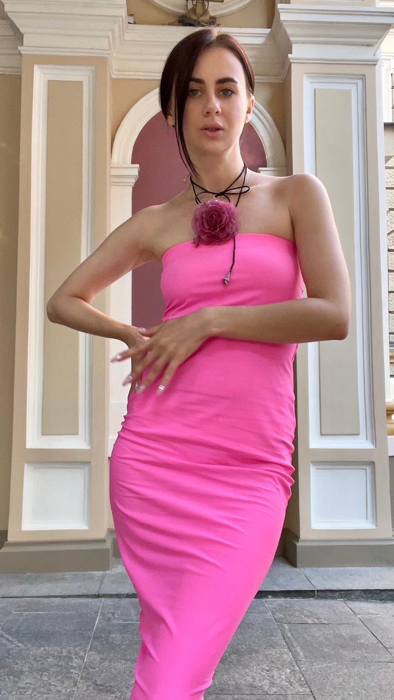 Midi Cocktail Dress, Hot Pink Tank Dress, Sleeveless Dress, Daytime Dress - One Piece Dresses - Other Materials Pink