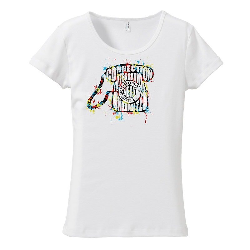 [Women's T-shirt] Telephone - เสื้อยืดผู้หญิง - ผ้าฝ้าย/ผ้าลินิน ขาว