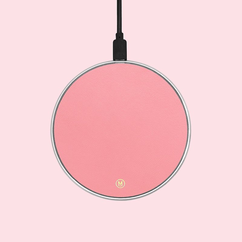 Customized Gift Real Leather Cherry Blossom Pink Macaron Wireless Charging Disk Charging Cable - Phone Charger Accessories - Genuine Leather Pink