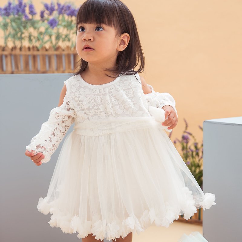 【Her Dress】Classic handmade dress series with floral skirt – Lea - Kids' Dresses - Cotton & Hemp White
