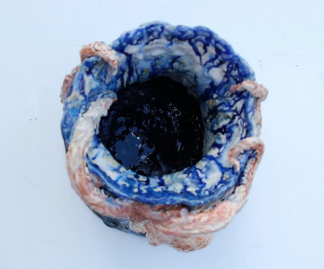 Sculpture octopus Large handmade ceramic vase Blue painting