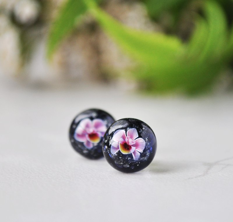Pink flower earrings Blossom jewelry Orchid ear studs Gift for daughter - Earrings & Clip-ons - Glass Pink