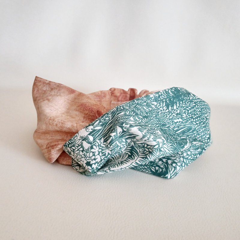 クロスタイプのヘアバンド　ターバン　森と動物たち×茶　18 - 髮箍/髮帶 - 棉．麻 綠色