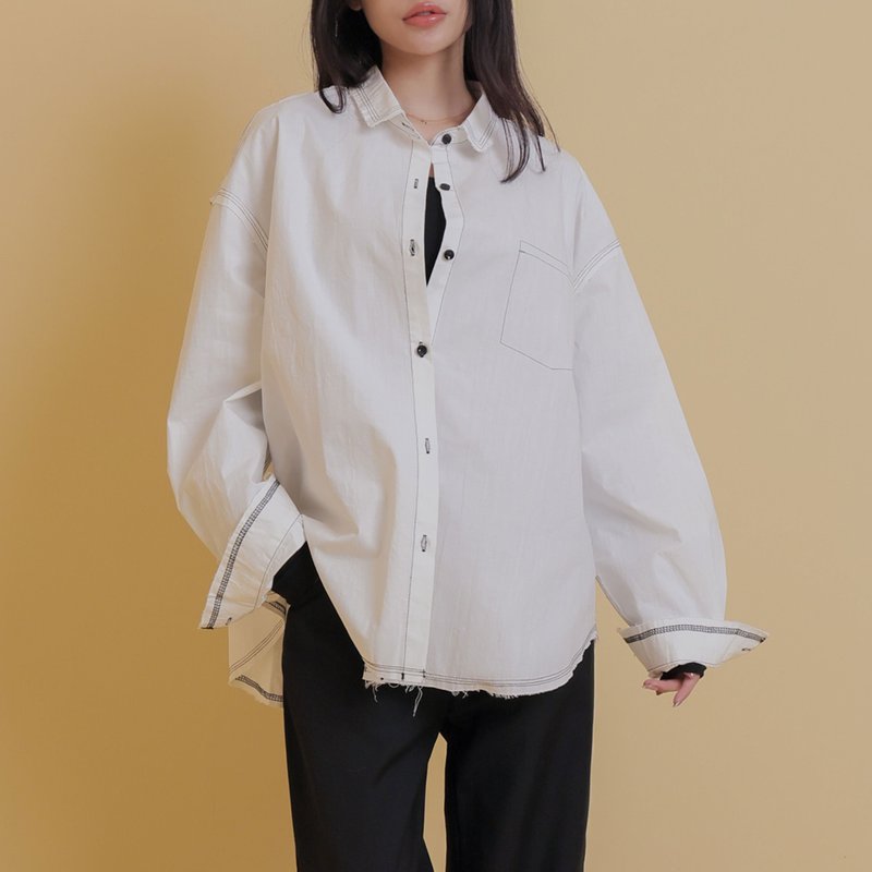 Light Decadent - Loose Thick Material Long Sleeve Shirt - Women's Shirts - Cotton & Hemp White