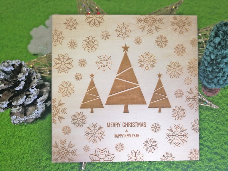 聖誕限定 幾何聖誕樹雕刻木聖誕卡 聖誕禮物 (新款圓角) - 心意卡/卡片 - 木頭 咖啡色