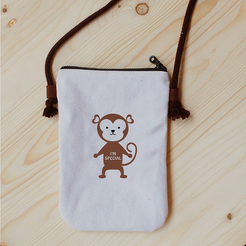 Taiwan monkey mobile phone bag - กระเป๋าแมสเซนเจอร์ - ผ้าฝ้าย/ผ้าลินิน สีนำ้ตาล
