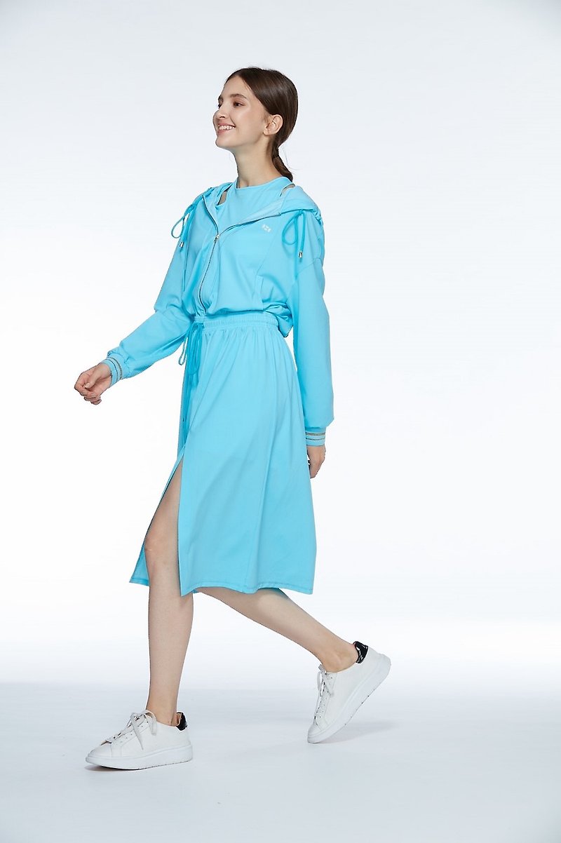 Longline Shirt with Hood and Drawstring Waist - Blue - Women's Shirts - Polyester Blue